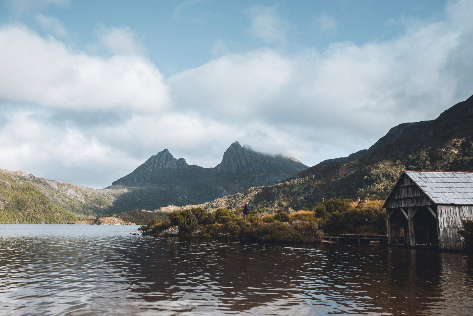 The Dove Lake boat shed beneath the peaks of Cradle Mountain